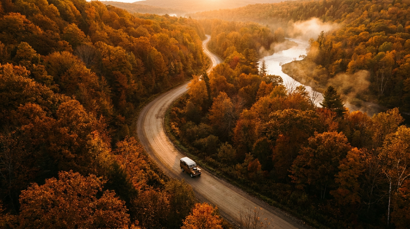 A winding country road through golden autumn trees — the journey of long-term family security